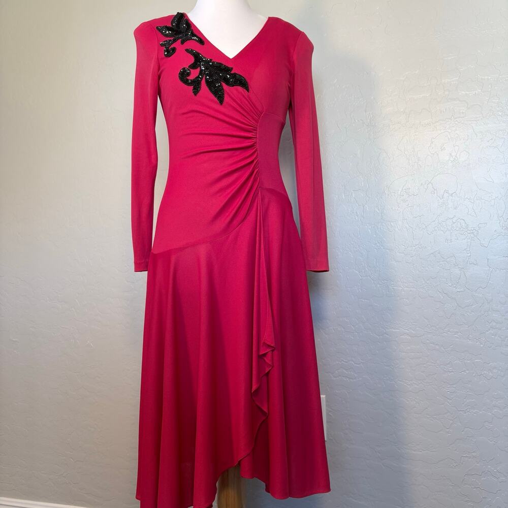 Vintage AYRES by Eysen Pink & Black Beaded Faux Wrap Dress 70s Disco Cocktail M - Picture 8 of 15